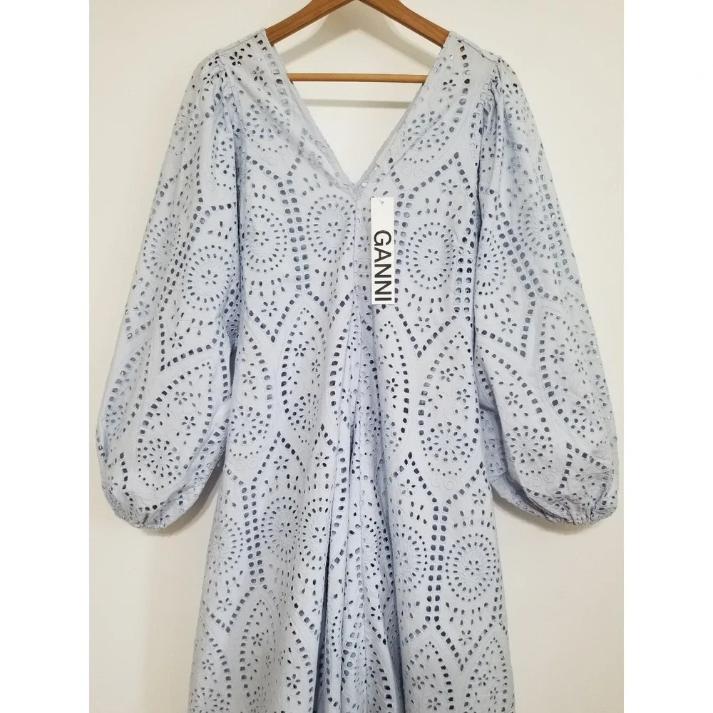 NWT GANNI Broderie Anglaise Eyelet Lace Midi Dress Light Blue EU 32/ US 0 $475 - Picture 8 of 16